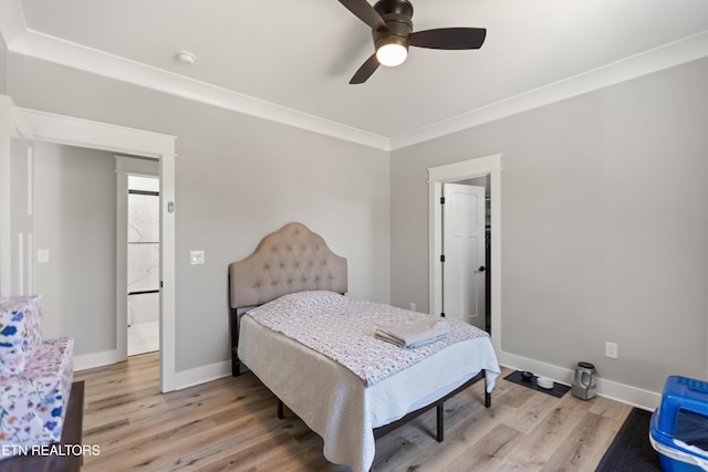 bedroom featuring ceiling fan, baseboards, ornamental molding, and light wood finished floors