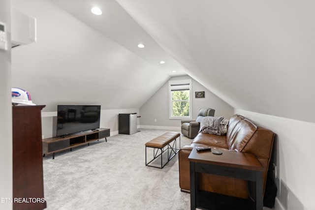 carpeted living room featuring a wall mounted air conditioner, baseboards, lofted ceiling, and recessed lighting