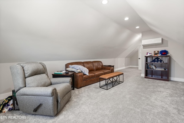 living area featuring vaulted ceiling, baseboards, carpet, recessed lighting, and a wall mounted AC
