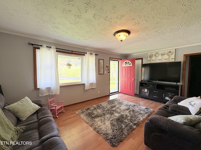 living room featuring baseboards, wood finished floors, a textured ceiling, and crown molding