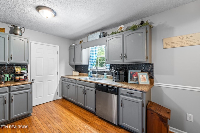 12903 Georgetown Village Ln, Georgetown, TN 37336 - kitchen with stainless steel dishwasher, a sink, gray cabinetry, a textured ceiling, and backsplash