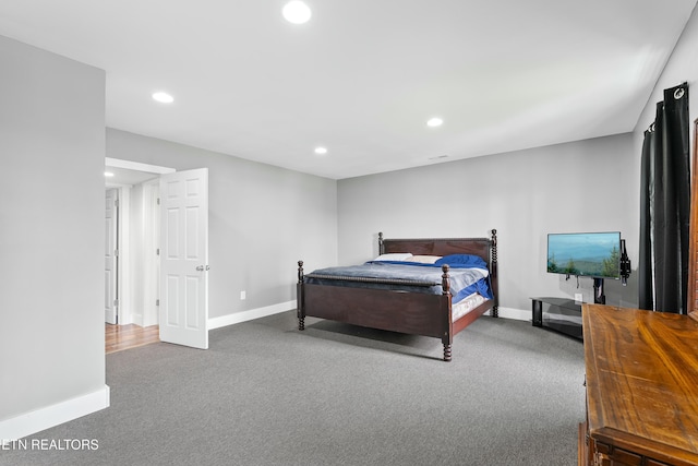 carpeted bedroom with baseboards and recessed lighting