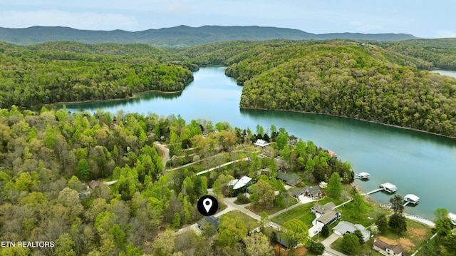 drone / aerial view with a water and mountain view and a wooded view