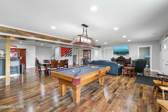 playroom featuring dark wood finished floors, pool table, and recessed lighting