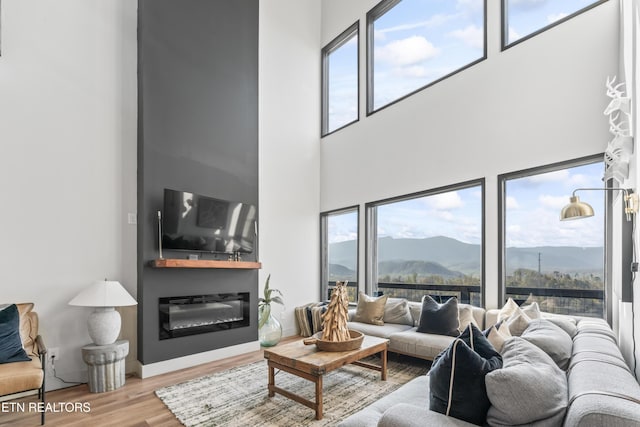 896 Chalet Village Blvd, Gatlinburg, TN 37738 - living area with a glass covered fireplace, a high ceiling, and wood finished floors