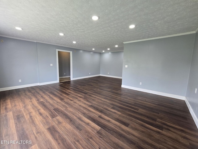 unfurnished room with baseboards, recessed lighting, ornamental molding, and dark wood-style flooring
