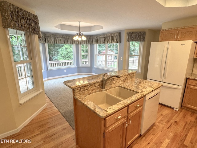 76 Sundrop Ln, Crossville, TN 38571 - kitchen with white appliances, healthy amount of natural light, light wood-style floors, and a tray ceiling