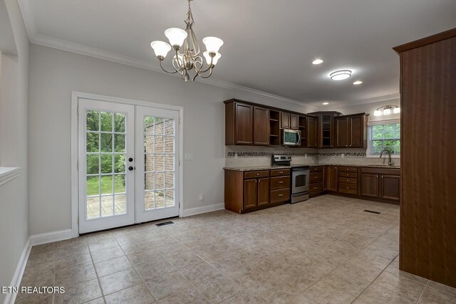 100 Coyatee Cir, Loudon, TN 37774 - kitchen with a sink, open shelves, appliances with stainless steel finishes, a chandelier, and ornamental molding