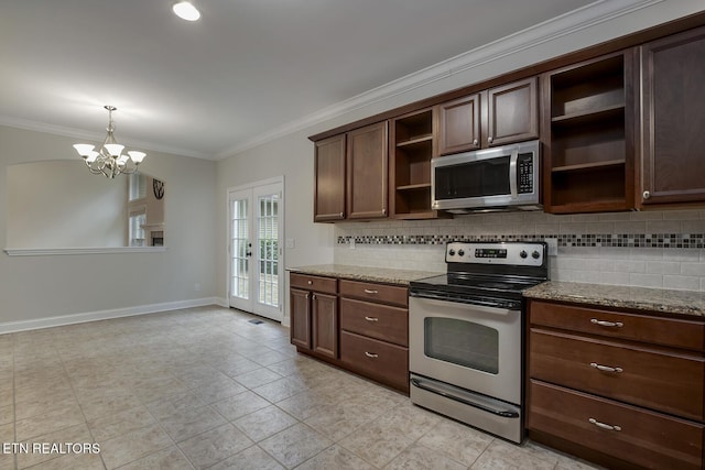 100 Coyatee Cir, Loudon, TN 37774 - kitchen featuring stainless steel appliances, open shelves, crown molding, and tasteful backsplash