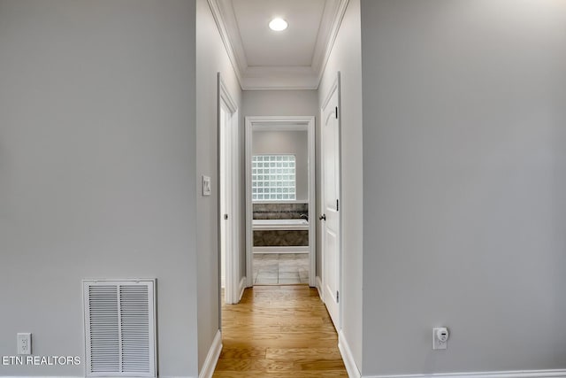 100 Coyatee Cir, Loudon, TN 37774 - corridor with baseboards, ornamental molding, light wood finished floors, and visible vents