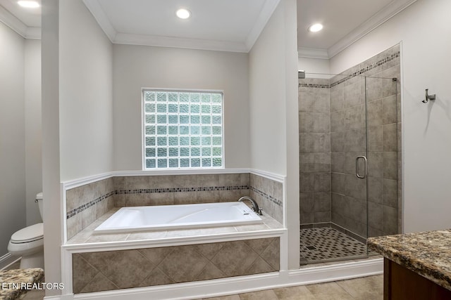 100 Coyatee Cir, Loudon, TN 37774 - bathroom with a stall shower, toilet, tile patterned floors, a garden tub, and crown molding