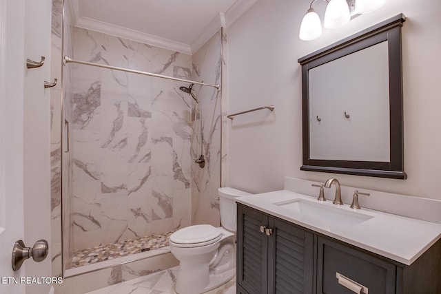 100 Coyatee Cir, Loudon, TN 37774 - bathroom featuring toilet, a marble finish shower, marble finish floor, vanity, and ornamental molding