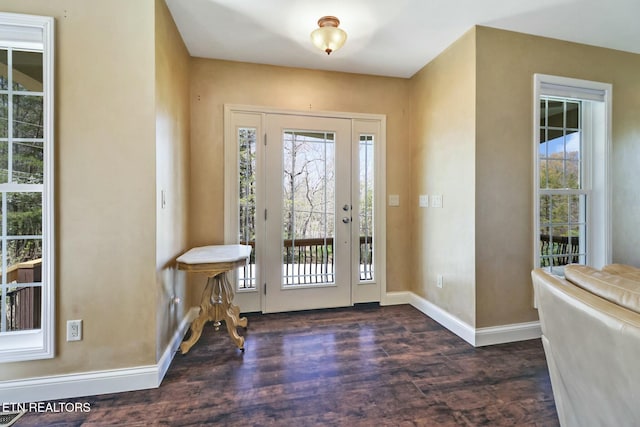 entryway with baseboards, dark wood-style flooring, and a wealth of natural light
