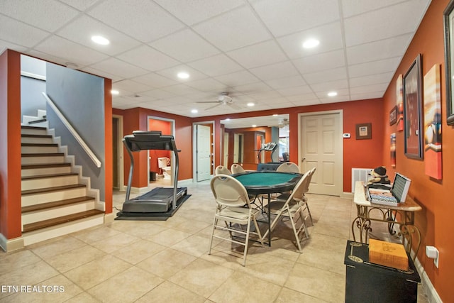 game room with recessed lighting, a paneled ceiling, visible vents, and a ceiling fan