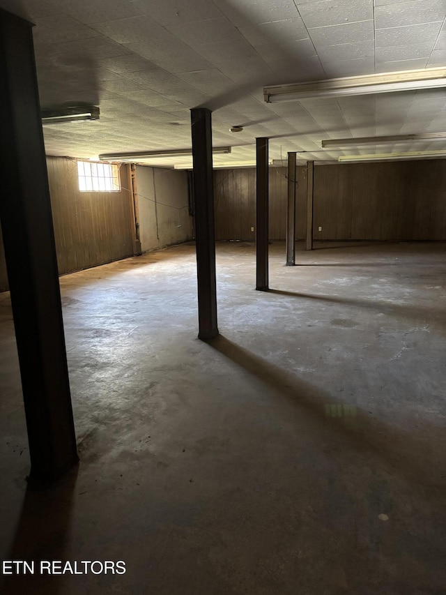 basement featuring wood walls