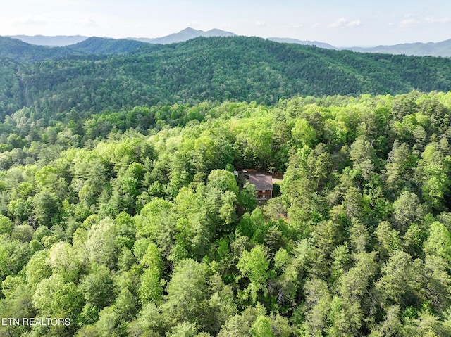 bird's eye view featuring a mountain view and a wooded view