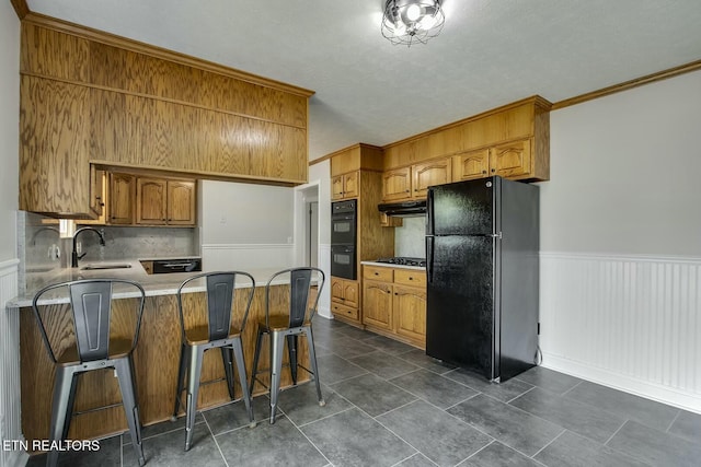kitchen featuring a sink, black appliances, a wainscoted wall, a peninsula, and under cabinet range hood