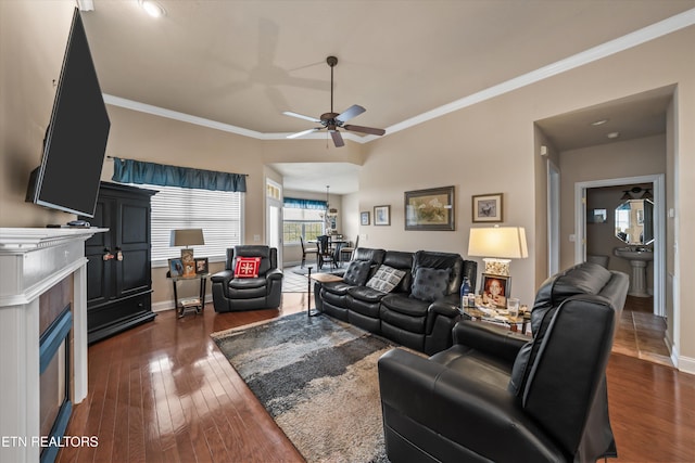 1079 Rarity Bay Pkwy, Vonore, TN 37885 - living room with a ceiling fan, baseboards, a fireplace, and dark wood-type flooring
