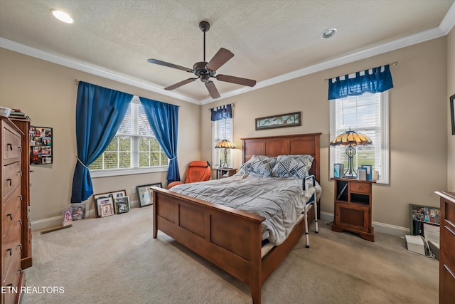 1079 Rarity Bay Pkwy, Vonore, TN 37885 - carpeted bedroom featuring recessed lighting, visible vents, crown molding, baseboards, and a textured ceiling
