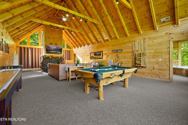 recreation room with carpet flooring, visible vents, wood ceiling, pool table, and high vaulted ceiling