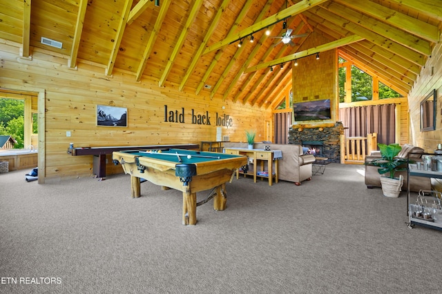 game room featuring high vaulted ceiling, pool table, wooden ceiling, wood walls, and visible vents