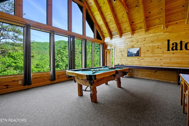 game room with carpet flooring, beamed ceiling, wood ceiling, wooden walls, and high vaulted ceiling