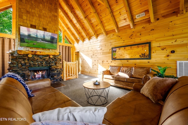 living room featuring beamed ceiling, high vaulted ceiling, wood walls, and wooden ceiling