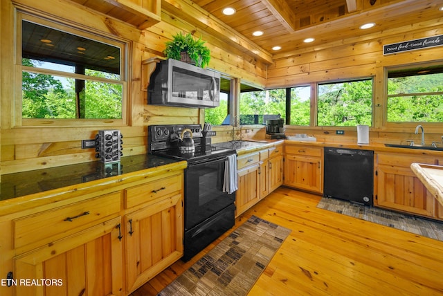 kitchen featuring black appliances, a healthy amount of sunlight, a sink, and light wood-style floors