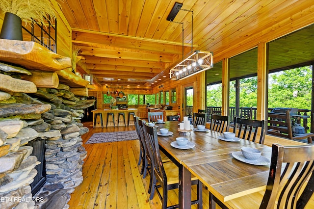 dining room with wood ceiling and hardwood / wood-style floors