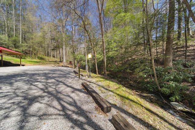 view of road featuring a forest view