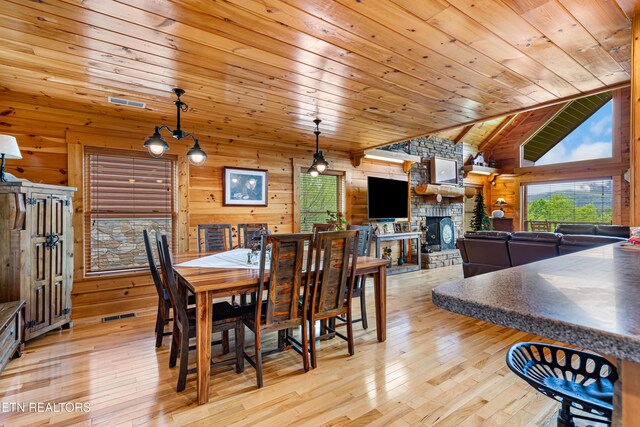 dining area with wooden walls, a healthy amount of sunlight, light wood-style flooring, and wood ceiling