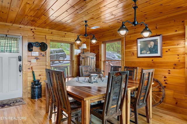 dining area featuring light wood finished floors, visible vents, wood walls, and wood ceiling