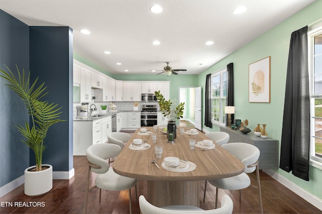 283 Red Hill Rd, Andersonville, TN 37705 - dining room featuring recessed lighting, dark wood-type flooring, baseboards, and ceiling fan