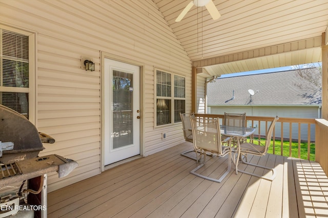 deck with a ceiling fan and outdoor dining space