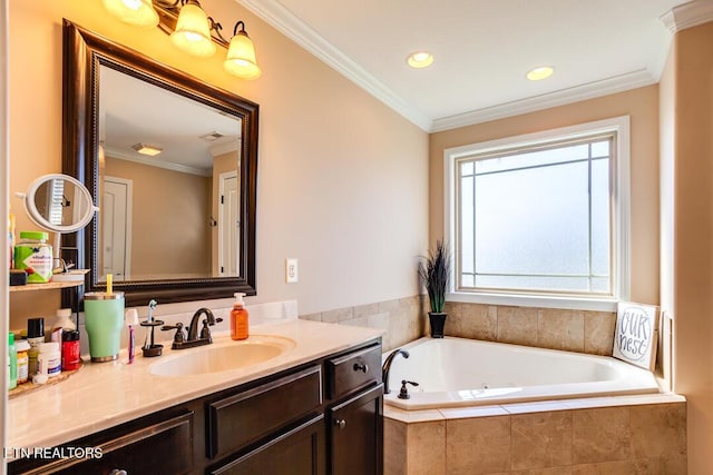 full bath with a bath, visible vents, vanity, and ornamental molding