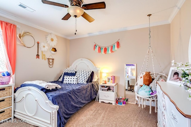 bedroom with a ceiling fan, carpet floors, crown molding, and visible vents