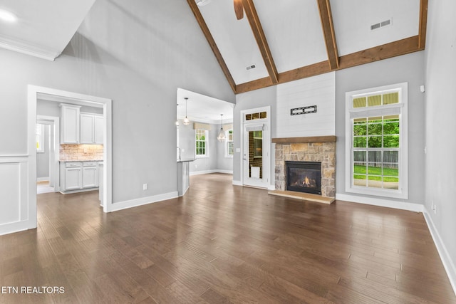 1416 Ebenezer Rd, Knoxville, TN 37922 - unfurnished living room featuring a fireplace, high vaulted ceiling, beamed ceiling, visible vents, and dark wood-style floors