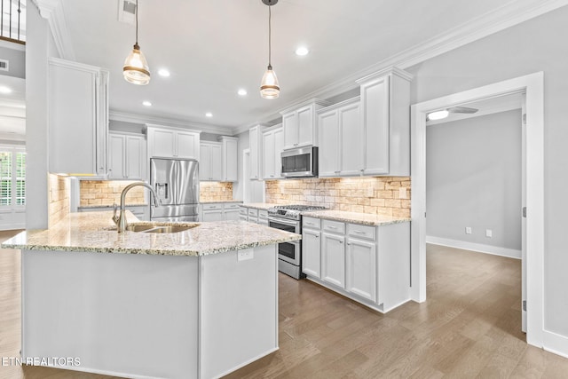1416 Ebenezer Rd, Knoxville, TN 37922 - kitchen featuring crown molding, a peninsula, appliances with stainless steel finishes, and wood finished floors