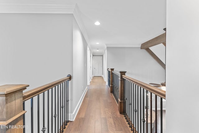 1416 Ebenezer Rd, Knoxville, TN 37922 - hall featuring wood finished floors, baseboards, an upstairs landing, ornamental molding, and recessed lighting