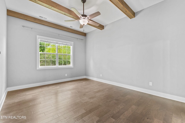 1416 Ebenezer Rd, Knoxville, TN 37922 - empty room with wood finished floors, a ceiling fan, beam ceiling, and visible vents