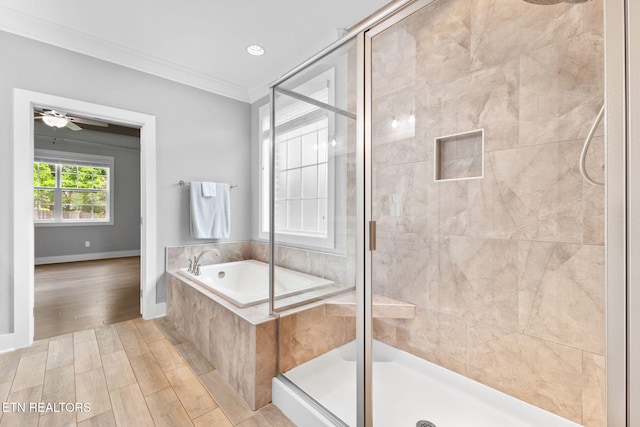 1416 Ebenezer Rd, Knoxville, TN 37922 - full bathroom with a ceiling fan, a garden tub, a shower stall, wood finished floors, and ornamental molding