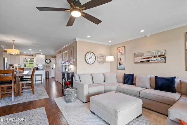 470 Deerfield Lndg Unit 5, Lafollette, TN 37766 - living room featuring recessed lighting, crown molding, dark wood-style floors, and a ceiling fan