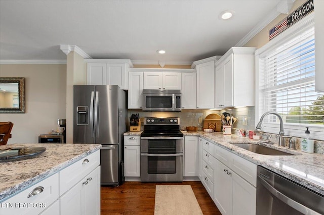 470 Deerfield Lndg Unit 5, Lafollette, TN 37766 - kitchen featuring white cabinets, stainless steel appliances, a sink, backsplash, and ornamental molding
