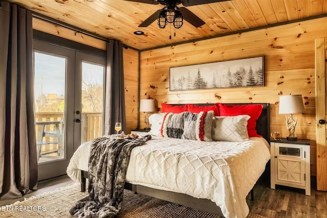 914 Crooked Ridge Rd, Gatlinburg, TN 37738 - bedroom featuring wood finished floors, wooden walls, french doors, wooden ceiling, and access to outside