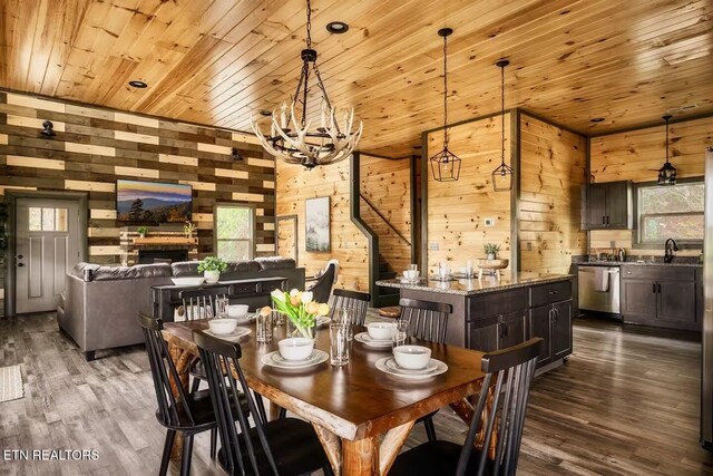 914 Crooked Ridge Rd, Gatlinburg, TN 37738 - dining area featuring dark wood-type flooring, wood walls, wood ceiling, and an inviting chandelier
