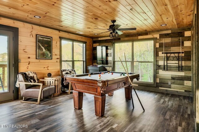 914 Crooked Ridge Rd, Gatlinburg, TN 37738 - recreation room with dark wood-type flooring, pool table, wooden ceiling, and wood walls