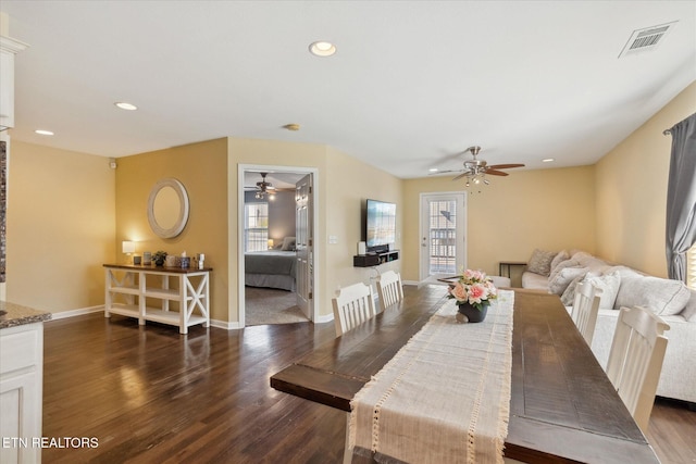 dining room featuring visible vents, wood finished floors, ceiling fan, and recessed lighting