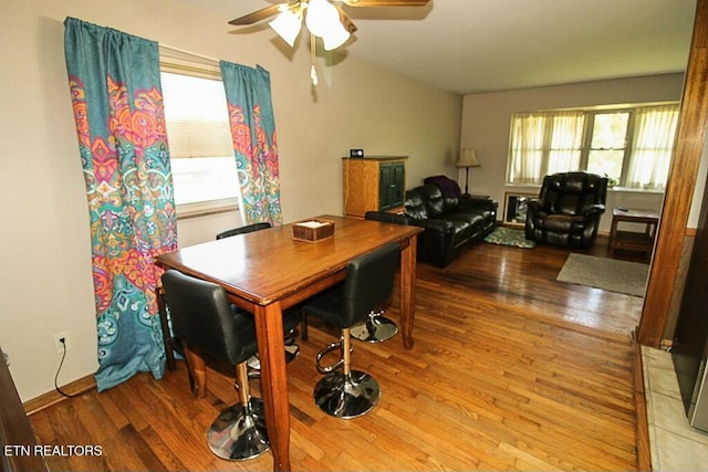 dining room featuring wood finished floors, ceiling fan, and a healthy amount of sunlight