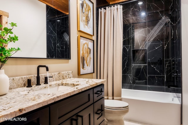 full bathroom featuring vanity, toilet, and shower / bathtub combination with curtain
