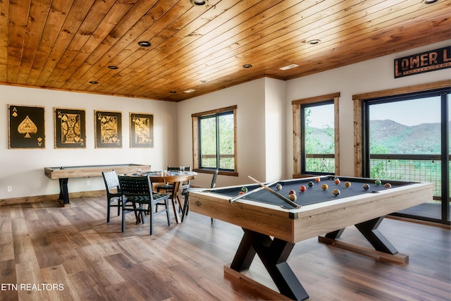 game room with baseboards, pool table, wood ceiling, and wood finished floors